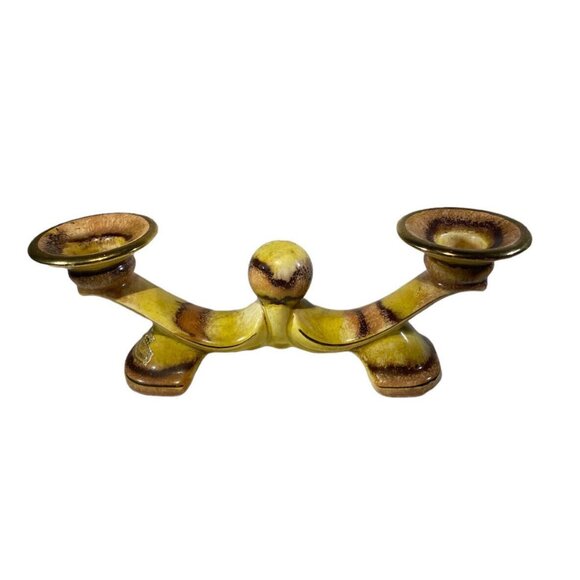 VTG Bay Keramik Art Pottery Double 2 Arm Candlestick Candelabra Yellow Brown - Picture 1 of 9